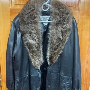 Black Leather with real Raccoon Fur Collar